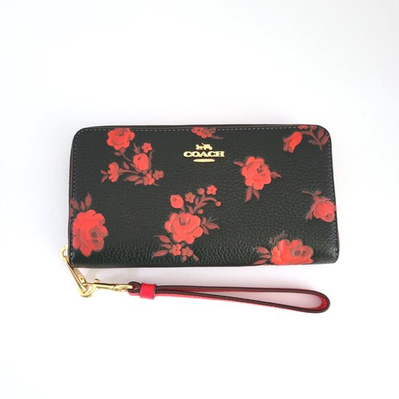 Coach CCL36 Long Zip Around Wallet Floral Print Pebbled Leather Black Red - Picture 4 of 7